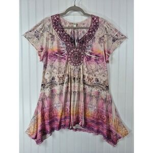 World Unity Pink‎ Paisley Embellished Tunic Top XL Boho Handkerchief Hem Blouse
